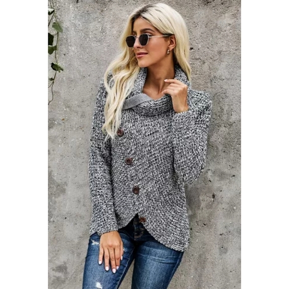 LAST ONE! Plus Size GRACELYN Gray Button Wrap Long Sleeve Sweater - Picture 4 of 6